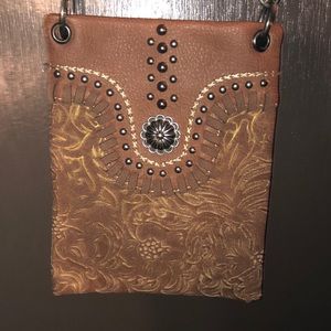 AMERICAN BLING FLAUX CARMEL BROWN MINI CROSSBODY HANDBAG